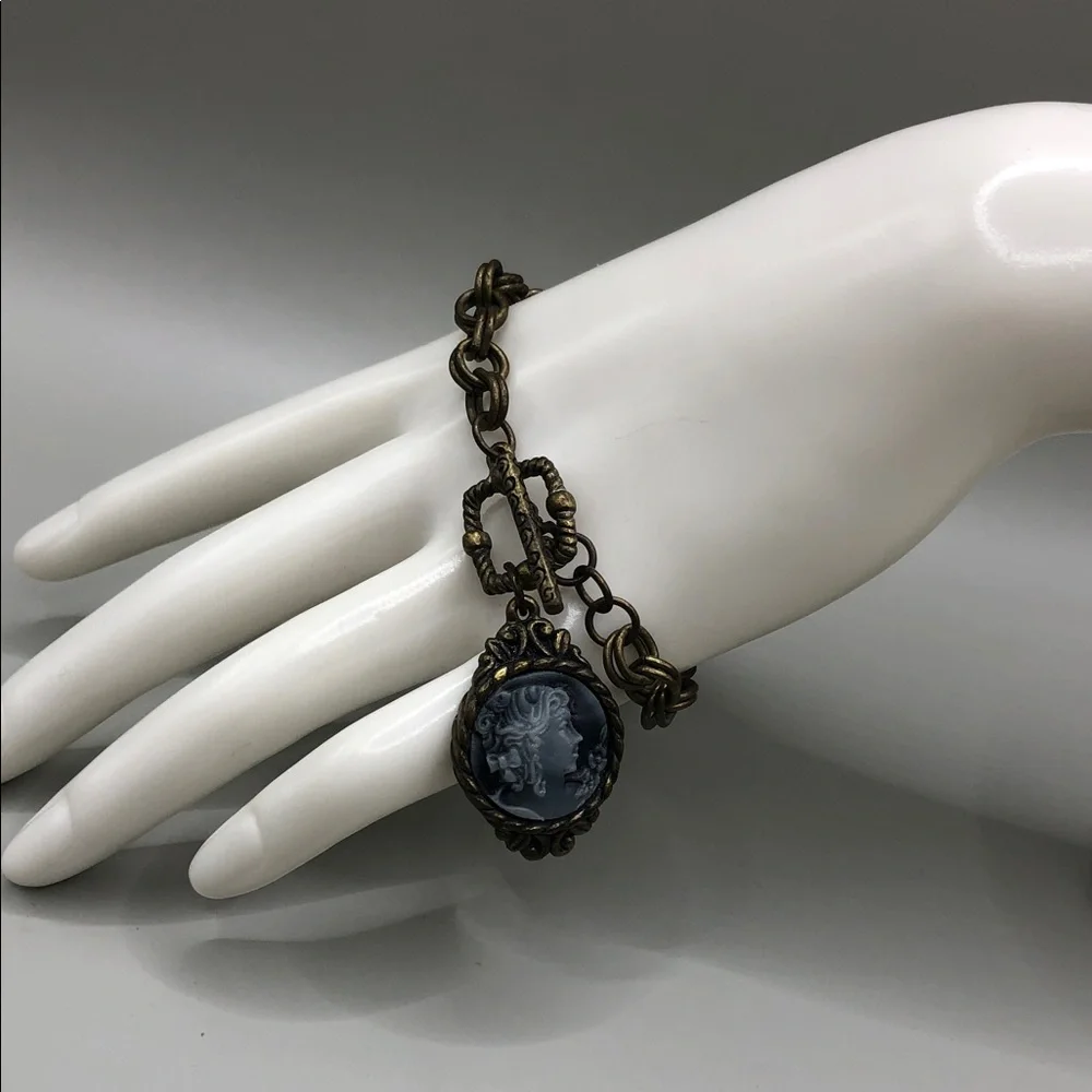 Lia Sophia Curio Chain Necklace + Victorian Style Cameo Bracelet Antiqued Brass.
